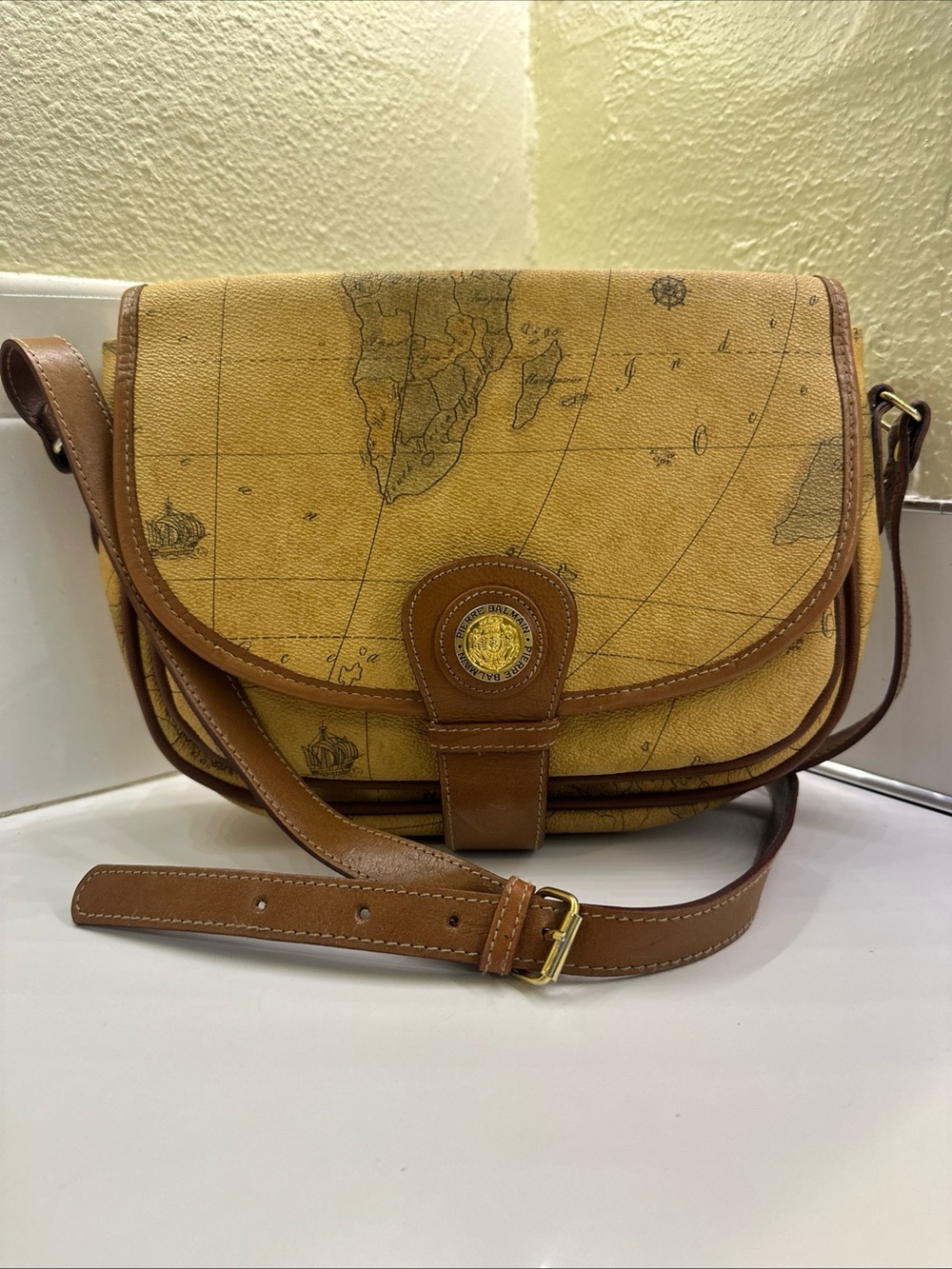 Pierre Balmain Vintage Leather Map-Print Crossbody Bag in Tan